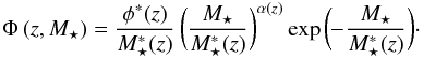 Mathematical equation: \begin{equation} \Phi\,(z,M_{\star}) = \frac{\phi^{*}(z)}{M_{\star}^{*}(z)}\,\bigg( \frac{M_{\star}}{M_{\star}^{*}(z)} \bigg)^{\alpha(z)} \exp \bigg(\!\!-\!\frac{M_{\star}}{M_{\star}^{*}(z)}\bigg)\cdot\label{lfunc} \end{equation}