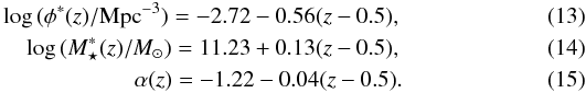 Mathematical equation: \begin{eqnarray} \log \,(\phi^{*}(z)/{\rm Mpc}^{-3}) = -2.72 - 0.56(z - 0.5),\\ \log \,(M^{*}_{\star}(z)/M_{\odot}) = 11.23 + 0.13(z - 0.5),\\ \alpha(z) = -1.22 - 0.04(z-0.5). \end{eqnarray}