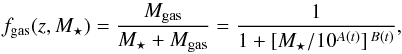 Mathematical equation: \begin{equation} f_{\rm gas}(z,M_{\star}) = \frac{M_{\rm gas}}{M_{\star} + M_{\rm gas}} = \frac{1}{1 + [M_{\star}/10^{A(t)}]^{\,B(t)}},\label{fgas} \end{equation}