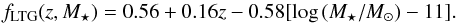 Mathematical equation: \begin{equation} f_{\rm LTG}(z,M_{\star}) = 0.56 + 0.16z - 0.58[\log\, (M_{\star}/M_{\odot}) - 11].\label{fltgzmass} \end{equation}