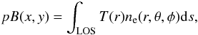 Mathematical equation: \begin{eqnarray} pB(x,y) = \int_{\rm LOS} T(r)n_{\rm e}(r,\theta,\phi){\rm d}s, \end{eqnarray}