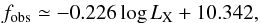 Mathematical equation: \begin{eqnarray} \label{Eq:Hasinger} f_{\mathrm{obs}}\simeq-0.226\log L_{\mathrm{X}}+10.342, \end{eqnarray}