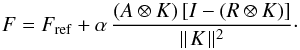 Mathematical equation: \appendix \setcounter{section}{1} \begin{equation} F = F_\mathrm{ref} + \alpha\,\frac{(A \otimes K)\,[I - (R \otimes K)]} {\parallel\! K\! \parallel^2}\cdot \end{equation}