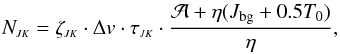 Mathematical equation: \appendix \setcounter{section}{1} \begin{eqnarray} N_{11} = 3.84\times10^{13} \cdot \Delta v \cdot \tau_{\scriptscriptstyle 11} \cdot (1 + {\cal A}/2.77\eta). \label{Eq15a} \end{eqnarray}