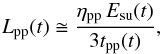 Mathematical equation: \begin{equation} L_{\rm pp}(t) \cong { \eta_{\rm pp} \,{E}_{\rm su}(t)\over 3 t_{\rm pp}(t)}, \label{Lppt} \end{equation}