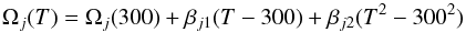 Mathematical equation: \begin{equation} \Omega_j(T)=\Omega_j(300)+\beta_{j1}(T-300)+\beta_{j2}(T^2-300^2) \label{eq:fitFreq} \end{equation}