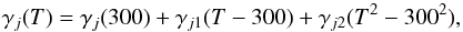 Mathematical equation: \begin{equation} \gamma_j(T)=\gamma_{j}(300)+\gamma_{j1}(T-300)+\gamma_{j2}(T^2-300^2), \label{eq:fitDamp} \end{equation}