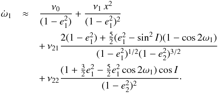 Mathematical equation: \appendix \setcounter{section}{1} \begin{eqnarray} \label{120621b} \dot \w_\p &\approx& \frac{\nu_\gr}{ (1-e_\p^2)} + \frac{\nu_1 \, x_\pp^2}{(1-e_\p^2)^2}\notag \\ &&+\, \nu_{21} \frac{2 (1-e_\p^2) + \frac{5}{2} (e_\p^2 - \sin^2 I) (1 - \cos 2 \w_\p)}{(1-e_\p^2)^{1/2} (1-e_\c^2)^{3/2}}\notag \\ &&+\, \nu_{22} \frac{(1 + \frac{3}{2} e_\p^2 - \frac{5}{2} e_\p^2 \cos 2 \w_\p ) \cos I}{(1-e_\c^2)^{2}} \cdot \end{eqnarray}