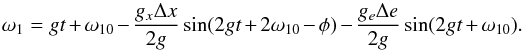 Mathematical equation: \appendix \setcounter{section}{1} \begin{equation} \omega_\p = g t + \w_{\p 0} - \frac{g_x \Deltax}{2 g} \sin (2 g t + 2 \w_{\p 0} - \phi) - \frac{g_e \Deltae}{2 g} \sin (2 g t + \w_{\p 0})\label{110812g}. \end{equation}