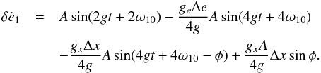 Mathematical equation: \appendix \setcounter{section}{1} \begin{eqnarray} \delta \dot e_\p & = & A \sin (2 g t + 2 \w_{\p 0}) - \frac{g_e \Deltae}{4 g} A \sin (4 g t + 4 \w_{\p 0}) \notag \\ & & - \frac{g_x \Deltax}{4 g} A \sin (4 g t + 4 \w_{\p 0} - \phi) + \frac{g_x A}{4 g} \Deltax \sin \phi \label{110812i} . \end{eqnarray}