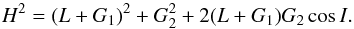 Mathematical equation: \begin{equation} H^2 = (L + G_\p)^2 + G_\c^2 +{2 (L + G_\p) G_\c}\cos I . \label{120329d} \end{equation}