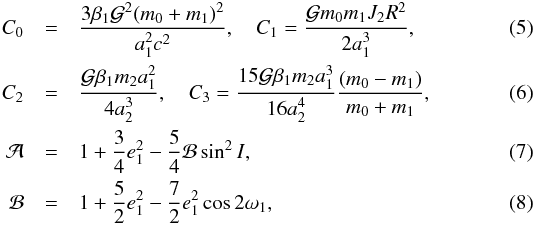 Mathematical equation: \begin{eqnarray} C_0 &=& \frac{3 \beta_\p \G^2 (\M + \m_\p)^2}{a_\p^2 c^2} , \quad C_1 = \frac{\G \M \m_\p J_2 R_\pp^2}{2 a_\p^3} \label{110816a} , \\ \label{110816c} C_2 &=& \frac{\G \beta_\p \m_\c a_\p^2}{4 a_\c^3 } , \quad C_3 = \frac{15 \G \beta_\p \m_\c a_\p^3}{16 a_\c^4} \frac{(\M-\m_\p)}{\M + \m_\p} , \label{120402a}\\ \cA &=& 1 + \frac{3}{4} e_\p^2 - \frac{5}{4} \cB \sin^2 I , \\ \cB &=& 1+ \frac{5}{2} e_\p^2 - \frac{7}{2} e_\p^2 \cos 2 \w_\p , \end{eqnarray}