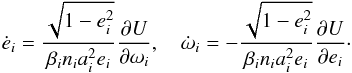 Mathematical equation: \begin{equation} \dot e_\ij = \frac{\sqrt{1-e_\ij^2}}{\beta_\ij n_\ij a_\ij^2 e_\ij} \frac{\partial U}{\partial \w_\ij} , \quad \dot \w_\ij = - \frac{\sqrt{1-e_\ij^2}}{\beta_\ij n_\ij a_\ij^2 e_\ij} \frac{\partial U}{\partial e_\ij}\cdot \label{110816d} \end{equation}