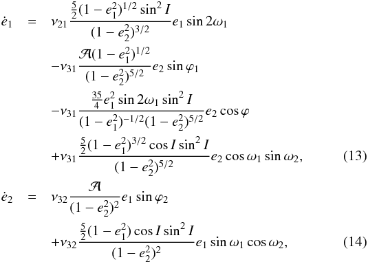 Mathematical equation: \begin{eqnarray} \dot e_\p & = & \nu_{21} \frac{ \frac{5}{2} (1-e_\p^2)^{1/2} \sin^2 I}{(1-e_\c^2)^{3/2}} e_\p \sin 2 \w_\p \notag\\ &&- \nu_{31} \frac{ \cA (1-e_\p^2)^{1/2}}{(1-e_\c^2)^{5/2}} e_\c \sin \vpi_\p \notag\\ &&- \nu_{31} \frac{ \frac{35}{4} e_\p^2 \sin 2 \w_\p \sin^2 I}{(1-e_\p^2)^{-1/2} (1-e_\c^2)^{5/2}} e_\c \cos \vpi \notag\\ &&+ \nu_{31} \frac{\frac{5}{2} (1-e_\p^2)^{3/2} \cos I \sin^2 I}{(1-e_\c^2)^{5/2}} e_\c \cos \w_\p \sin \w_\c , \label{110816h}\\ \dot e_\c & = & \nu_{32} \frac{ \cA }{(1-e_\c^2)^{2}} e_\p \sin \vpi_\c \notag\\ &&+ \nu_{32} \frac{\frac{5}{2} (1-e_\p^2) \cos I \sin^2 I}{(1-e_\c^2)^{2}} e_\p \sin \w_\p \cos \w_\c , \label{110816i} \end{eqnarray}