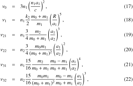 Mathematical equation: \begin{eqnarray} \nu_\gr &=& 3 n_\p \pfe{n_\p a_\p}{c}{2} , \label{110817f} \\[-0.5mm] \nu_1 &=& n_\p \frac{k_2}{2} \frac{\M + \m_\p}{\m_\p} \pfe{R_\pp}{a_\p}{5} , \label{110817a} \\[-0.5mm] \nu_{21} &=& n_\p \frac{3}{4} \frac{\m_\c}{\M + \m_\p} \pfe{a_\p}{a_\c}{3} , \label{110817b} \\[-0.5mm] \nu_{22} &=& n_\c \frac{3}{4} \frac{\M \m_\p}{(\M +\m_\p)^2} \pfe{a_\p}{a_\c}{2} , \label{110817c} \\[-0.5mm] \nu_{31} &=& n_\p \frac{15}{16} \frac{\m_\c}{\M+\m_\p} \frac{\M-\m_\p}{\M+\m_\p} \pfe{a_\p}{a_\c}{4} , \label{110817d} \\[-0.5mm] \nu_{32} &=& n_\c \frac{15}{16} \frac{\M \m_\p}{(\M+\m_\p)^2} \frac{\M-\m_\p}{\M+\m_\p} \pfe{a_\p}{a_\c}{3} , \label{110817e} \end{eqnarray}
