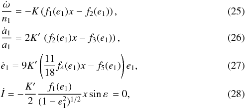 Mathematical equation: \begin{eqnarray} \label{090515a} &&\frac{\dot \omega_\pp}{n_\p} = - K_\pp\left( f_1(e_\p) x_\pp - f_2(e_\p) \right) , \\ \label{090515b} &&\frac{\dot a_\p}{a_\p} = 2 \Kl_\pp \,\left( f_2(e_\p) x - f_3(e_\p) \right) , \\ \label{090515c} &&\dot e_\p = 9 \Kl_\pp \left( \frac{11}{18} f_4(e_\p) x - f_5(e_\p) \right) e_\p ,\\ && \label{120529a} \dot I = - \frac{K'}{2} \frac{f_1(e_1)}{(1-e_1^2)^{1/2}} x \sin \varepsilon \, = 0, \end{eqnarray}
