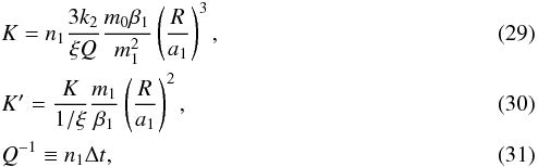 Mathematical equation: \begin{eqnarray} &&K_\pp = n_\p \frac{3 k_2}{\xi Q} \frac{\M \beta_\p}{\m_\p^2} \pfe{R_\pp}{a_\p}{3} ,\\ \label{090514m} &&\Kl_\pp = \frac{K_\pp}{1/\xi} \frac{\m_\p}{\beta_\p} \pfe{R_\pp}{a_\p}{2}, \\ \label{120704a} &&Q_\pp^{-1} \equiv n_\p \Delta t_\pp , \end{eqnarray}