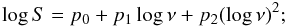 Mathematical equation: \begin{equation} \log S = p_0 + p_1 \log\nu + p_2 (\log\nu)^2 ; \end{equation}