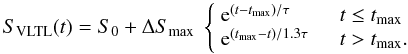 Mathematical equation: \begin{equation} \label{eq:vltpattern} S_{\rm VLTL}(t) = S_0 + \Delta S_{\rm max}\; \left\{\begin{array}{ll} {\rm e}^{(t - t_{\rm max})/\tau} & \quad t \le t_{\rm max} \\ {\rm e}^{(t_{\rm max} - t)/1.3\tau} & \quad t > t_{\rm max} .\\ \end{array}\right. \end{equation}