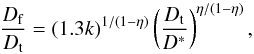 Mathematical equation: \begin{equation} \frac{D_{\rm f}}{D_{\rm t}} = (1.3 k)^{1/(1-\eta)} \left(\frac{D_{\rm t}}{D^{*}}\right)^{\eta/(1-\eta)}, \label{cc} \end{equation}
