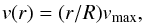 Mathematical equation: \begin{eqnarray} v(r)=(r/R)v_{\rm{max}}, \label{eq:velocity propto radius} \end{eqnarray}