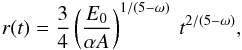 Mathematical equation: \begin{eqnarray} r(t)=\frac{3}{4}\left(\frac{E_{0}}{ \alpha A}\right)^{1/(5-\omega)}~t^{2/(5-\omega)}, \label{eq:sedov1} \end{eqnarray}