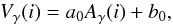 Mathematical equation: \begin{equation} V_{\gamma}(i)=a_{\rm{0}} A_{\gamma}(i) + b_{\rm{0}}, \end{equation}