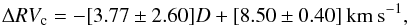 Mathematical equation: \begin{equation} \Delta RV_{\mathrm{c}} = -[3.77 \pm 2.60] D + [8.50 \pm 0.40] \:\mathrm{km\: s}^{-1} , \end{equation}