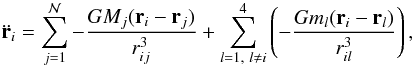 Mathematical equation: \begin{equation} \label{eqmotion} \ddot{\vec{r}}_i=\sum_{j=1}^{\mathcal N} -\frac{GM_j(\vec{r}_i-\vec{r}_j)}{r_{ij}^3} + \sum_{l=1,\ l\ne i}^{4} \left(-\frac{Gm_l(\vec{r}_i-\vec{r}_l)}{r_{il}^3} \right), \end{equation}