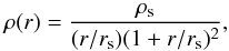 Mathematical equation: \begin{equation} \rho(r) = \frac{\rho_{\rm s}}{(r/r_{\rm s}) (1+r/r_{\rm s})^{2}}, \label{eq:33} \end{equation}