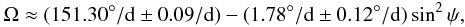 Mathematical equation: \begin{eqnarray} \Omega \approx (151.30^{\circ}/{\mathrm d} \pm 0.09 /{\mathrm d})- (1.78^{\circ}/{\mathrm d} \pm 0.12^{\circ}/{\mathrm d}) \sin^2 \psi, \label{dr} \end{eqnarray}