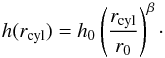 Mathematical equation: \begin{equation} h(r_{\rm cyl}) = h_0 \left(\frac{r_{\rm cyl}}{r_0}\right)^{\beta}\cdot \label{Eq:scale_height} \end{equation}