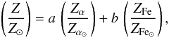 Mathematical equation: \begin{eqnarray} \label{z-zsun} \left(\frac{Z}{Z_{\odot}}\right) = a \, \left(\frac{Z_{\alpha}}{Z_{\alpha_{\odot}}}\right) + b \, \left(\frac{Z_{\rm Fe}}{Z_{\rm Fe_{\odot}}}\right), \end{eqnarray}