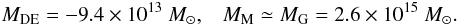 Mathematical equation: \begin{eqnarray} M_{\rm DE} = - 9.4 \times 10^{13}~M_{\odot}, \;\;\; M_{\rm M} \simeq M_{\rm G} = 2.6 \times 10^{15}~M_{\odot}. \end{eqnarray}
