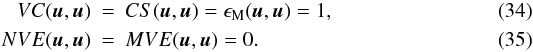 Mathematical equation: \begin{eqnarray} \label{EqRefDiagnostics} VC(\u,\u) &=& CS(\u,\u) = \epsilon_{\rm M}(\u,\u) = 1 , \\ NVE(\u,\u) &=&MVE(\u,\u)=0 . \end{eqnarray}
