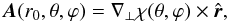 Mathematical equation: \appendix \setcounter{section}{1} \begin{eqnarray} \bA(r_{0},\theta,\varphi) = \nabla_{\perp}\chi(\theta,\varphi)\times{\hat{\r}} , \label{EqAtfromchi} \end{eqnarray}
