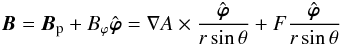 Mathematical equation: \appendix \setcounter{section}{1} \begin{eqnarray} \B = \bBp + B_{\varphi}{\hat{\bsvph}} = {\bf {\nabla}} A\times\frac{{\hat{\bsvph}}}{r\sin\theta} + F\frac{{\hat{\bsvph}}}{r\sin\theta} \end{eqnarray}