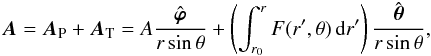 Mathematical equation: \appendix \setcounter{section}{1} \begin{eqnarray} \bA = \bA_{\rm P} + \bA_{\rm T} = A\frac{{\hat{\bsvph}}}{r\sin\theta} + \left(\int_{r_{0}}^{r}F(r',\theta)\ir'\right)\frac{{\hat{\bsth}}}{r\sin\theta} , \end{eqnarray}