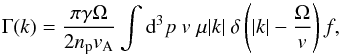 Mathematical equation: \begin{eqnarray} \Gamma (k) = \frac{\pi \gamma \Omega}{2 n_{\rm p} v_{\rm A}} \int \text{d}^3 p \text{ } v\; \mu |k| \text{ } \delta\left(|k|-\frac{\Omega}{ v}\right) f,\label{eq:growthraterami} \end{eqnarray}