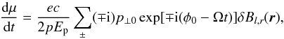 Mathematical equation: \appendix \setcounter{section}{1} \begin{eqnarray} \totdiff{\mu}{t} = \frac{e c}{2 p E_{\rm p}} \sum_\pm(\mp {\rm i}) p_{\perp 0} \exp[\mp {\rm i} (\phi_0-\Omega t)] \delta B_{l,r}(\vec r), \label{eq:mudot} \end{eqnarray}