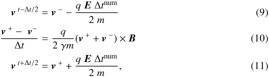 Mathematical equation: \begin{eqnarray} \vec{v}^{\;t-{\Delta}t/2} & = & \vec{v}^{\;-} - \frac{q \; \vec{E} \; \Delta t^\text{num}}{2 \; m} \\ \frac{\vec{v}^{\;+} - \vec{\;v}^{-}}{{\Delta}t} & =& \frac{q}{2 \; \gamma m} (\vec{v}^{\;+} + \vec{v}^{\;-}) \times \vec{B} \label{eq:boris2}\\ \vec{v}^{\;t+{\Delta}t/2} & =& \vec{v}^{\;+} + \frac{q \; \vec{E} \; \Delta t^\text{num}}{2 \; m}, \end{eqnarray}