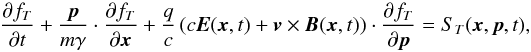 Mathematical equation: \begin{eqnarray} \pa{f_T}{ t} + \frac{\vec{p}}{m\gamma} \cdot \pa{ f_T}{ \vec{x}} + \frac{q}{c} \left(c \vec{E}(\vec{x},t)+\vec{v}\times \vec{B}(\vec{x},t) \right) \cdot \pa{f_T}{\vec{p}} = S_T(\vec{x},\vec{p},t), \label{eq:relativVlasov} \end{eqnarray}