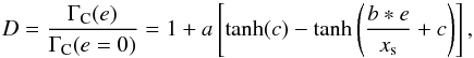 Mathematical equation: \begin{equation} D = \frac{\Gamma_{\rm C}(e)}{\Gamma_{\rm C} (e=0)} = 1 + a \left[\tanh(c) - \tanh\left(\frac{b * e}{x_{\rm s}}+c\right)\right],\label{eq:eccentricity-influence} \end{equation}