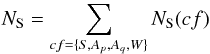 Mathematical equation: \begin{eqnarray} \label{eq:support} N_{\rm S}=\displaystyle\sum\limits_{cf=\{S,A_p,A_q,W\}}N_{\rm S}(cf) \end{eqnarray}