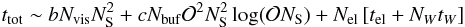 Mathematical equation: \begin{eqnarray} t_{\rm tot} \sim bN_{\rm vis}N_{\rm S}^2+cN_{\rm buf}\mathcal{O}^2N_{\rm S}^2\log (\mathcal{O}N_{\rm S}) +N_{\rm el} \left[t_{\rm el}+N_Wt_W\right] \end{eqnarray}