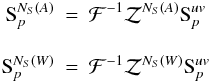 Mathematical equation: \appendix \setcounter{section}{2} \begin{eqnarray} \mathrm{S}_p^{N_S(A)}&=&\mathcal{F}^{-1}\mathcal{Z}^{N_S(A)}\mathrm{S}^{uv}_p\nonumber\\[3mm] \mathrm{S}_p^{N_S(W)}&=&\mathcal{F}^{-1}\mathcal{Z}^{N_S(W)}\mathrm{S}^{uv}_p \end{eqnarray}