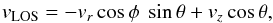 Mathematical equation: \begin{equation} v_{\rm LOS} = -v_r \cos \phi~\sin \theta + v_z \cos \theta, \end{equation}
