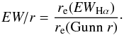 Mathematical equation: \begin{equation} EW/r = \frac{r_{\rm e}({\it EW}_{\rm{H\alpha}})}{r_{\rm e}({\rm Gunn}~r)}\cdot \label{hierarchyeq} \end{equation}