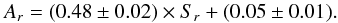 Mathematical equation: \begin{equation} A_r = (0.48 \pm 0.02) \times S_r + (0.05 \pm 0.01). \end{equation}