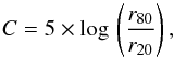 Mathematical equation: \begin{equation} C=5\times \log\, \left(\frac{r_{80}}{r_{20}}\right), \label{ewconcentration} \end{equation}